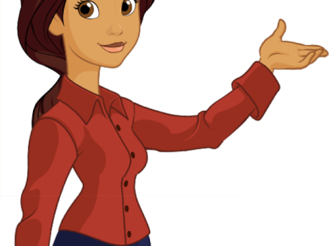 a woman in a red shirt pointing at something