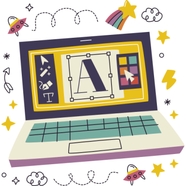 a laptop with an image of a rocket and other objects around it