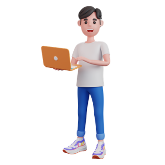 a 3d man holding a laptop computer