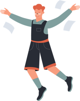 an illustration of a man in overalls throwing papers