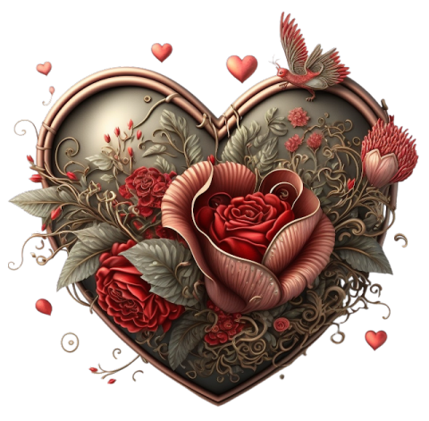 a heart with roses and birds on it