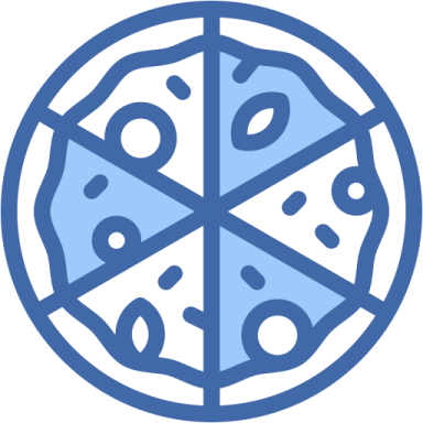 a blue and white pizza with slices cut into it