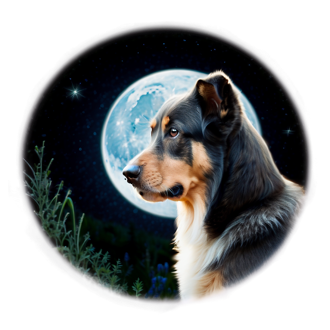 a dog looking up at the moon in the sky