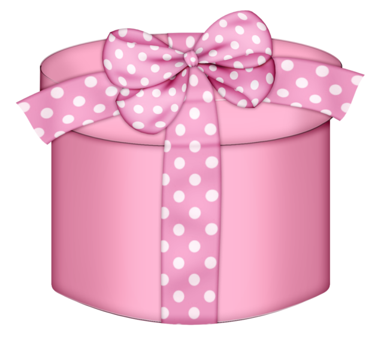 a pink gift box with white polka dots on it