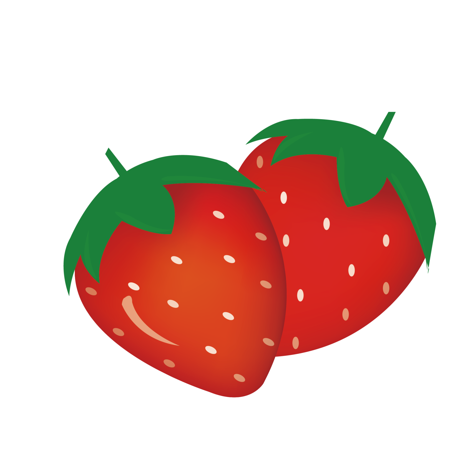 two red strawberries with green leaves