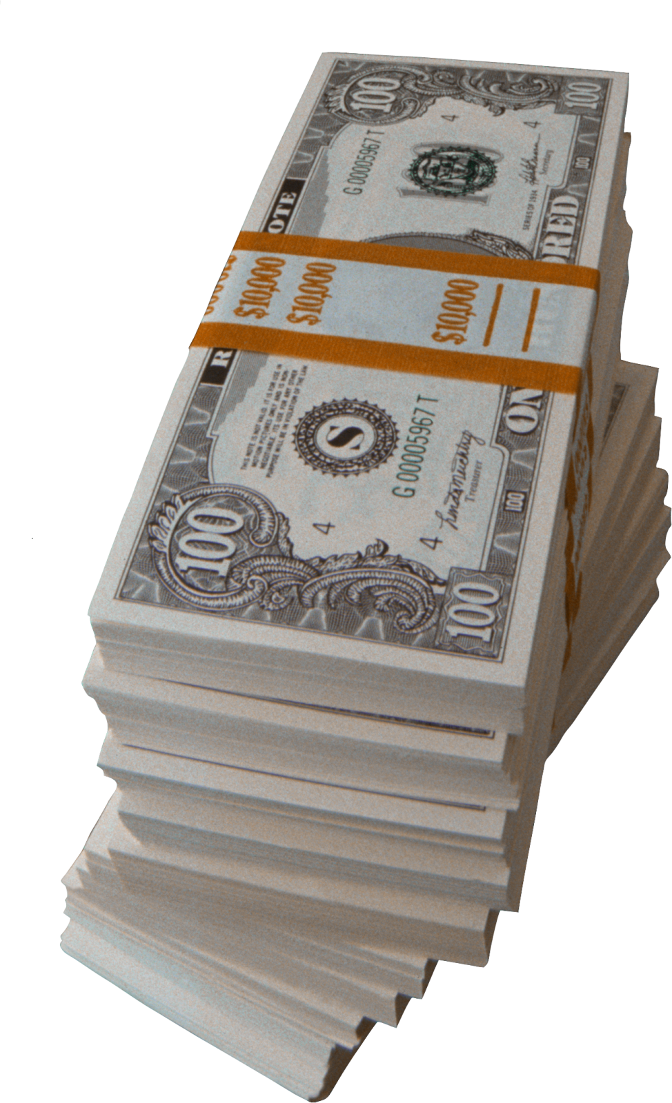 a stack of hundred dollar bills on a white background