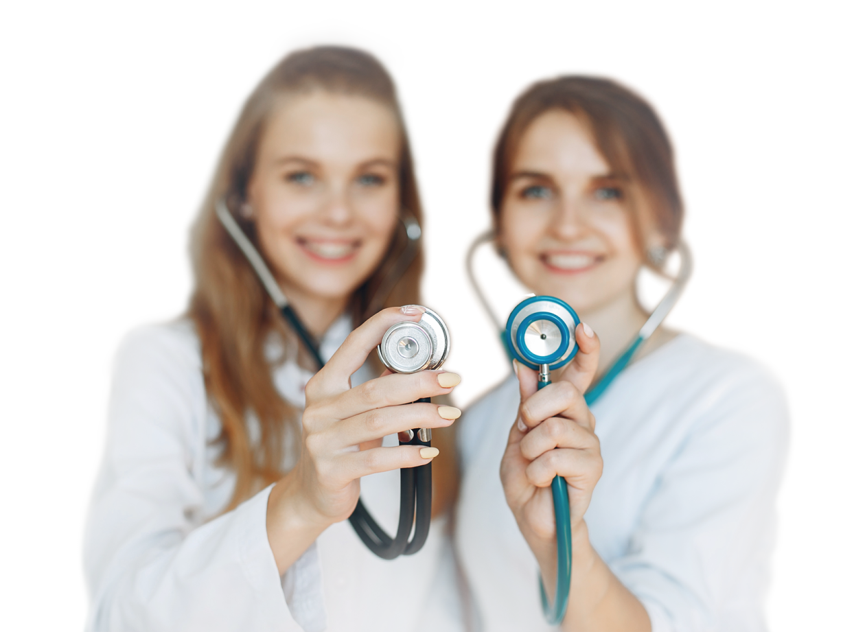 two female doctors holding a stel