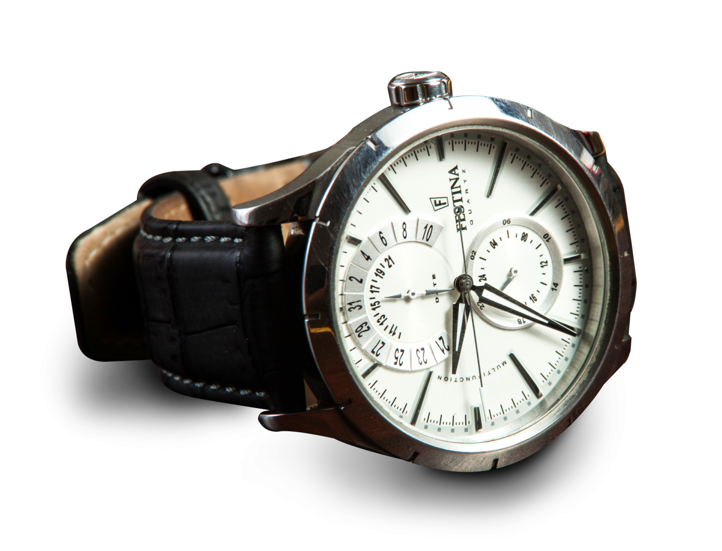 a close up of a watch on a white background