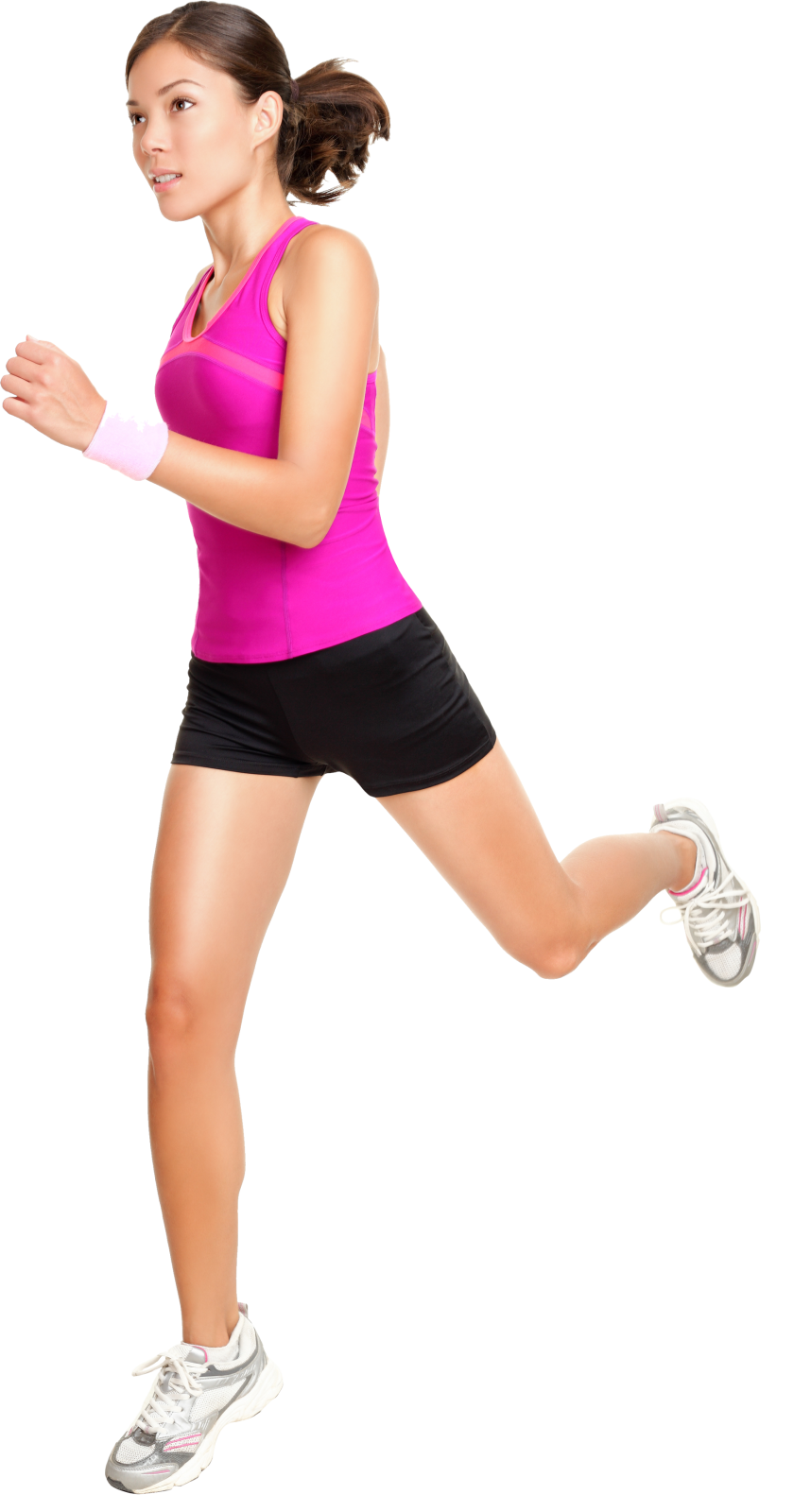 a woman in pink shirt and black shorts running
