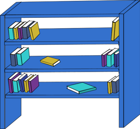 a blue bookcase with books on it