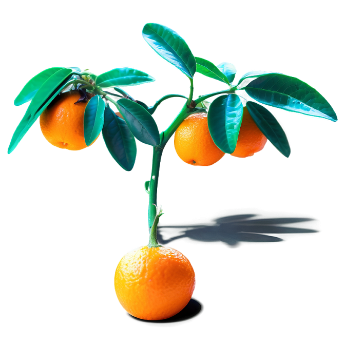 an orange with green leaves on a white background