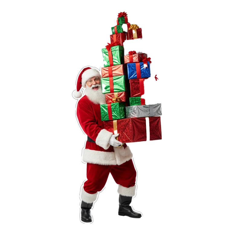 a man dressed as santa carrying a large stack of presents