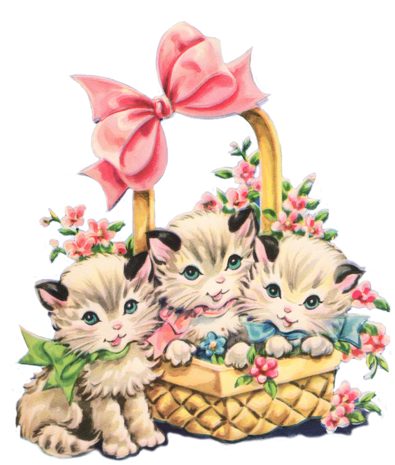three kittens in a basket with flowers