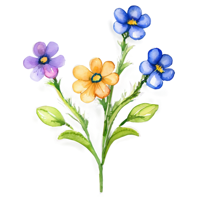 a watercolor painting of blue and orange flowers