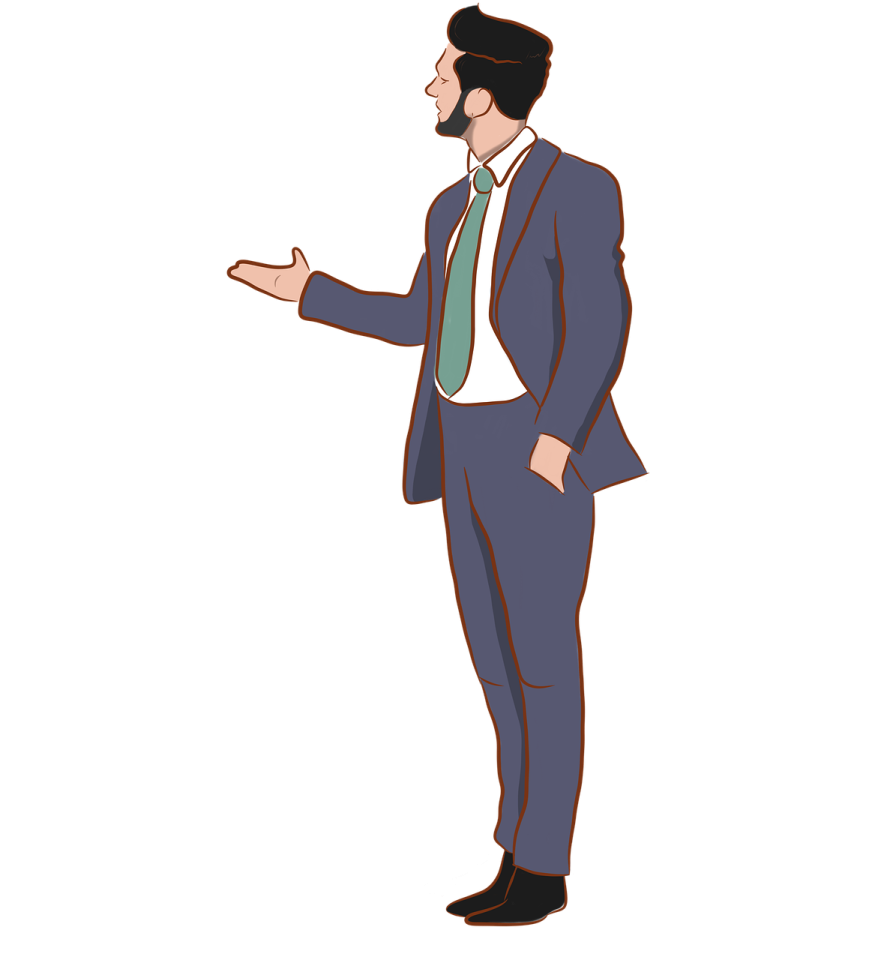 a man in a suit and tie pointing at something
