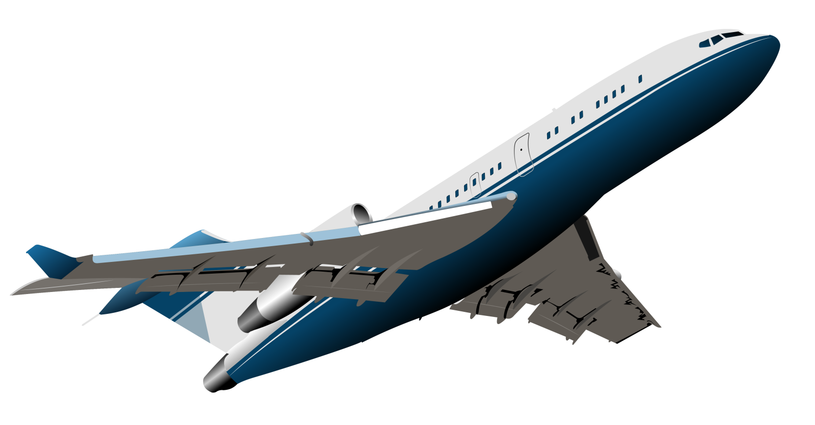 a blue and white airplane flying in the sky