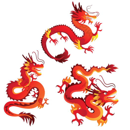 a set of four red and yellow chinese dragons