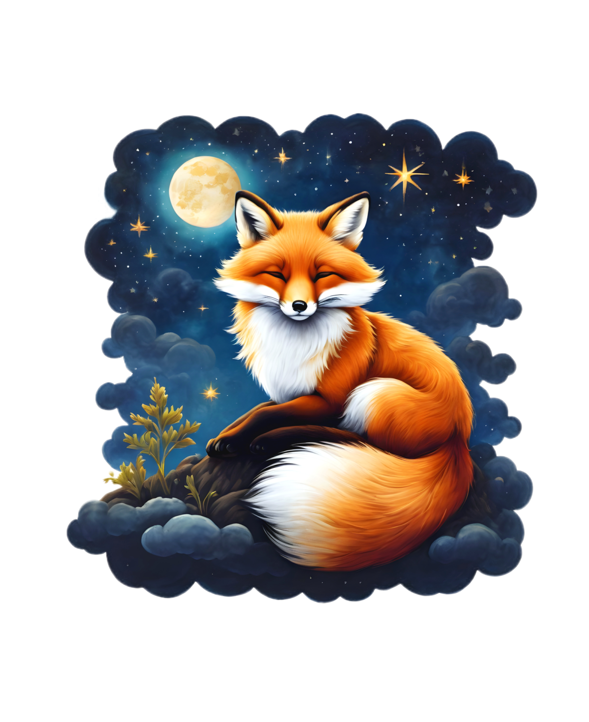 a fox sitting on top of a rock under the moon