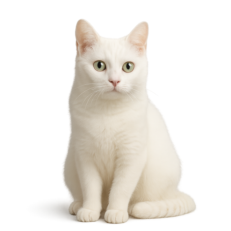 a white cat with green eyes sitting down