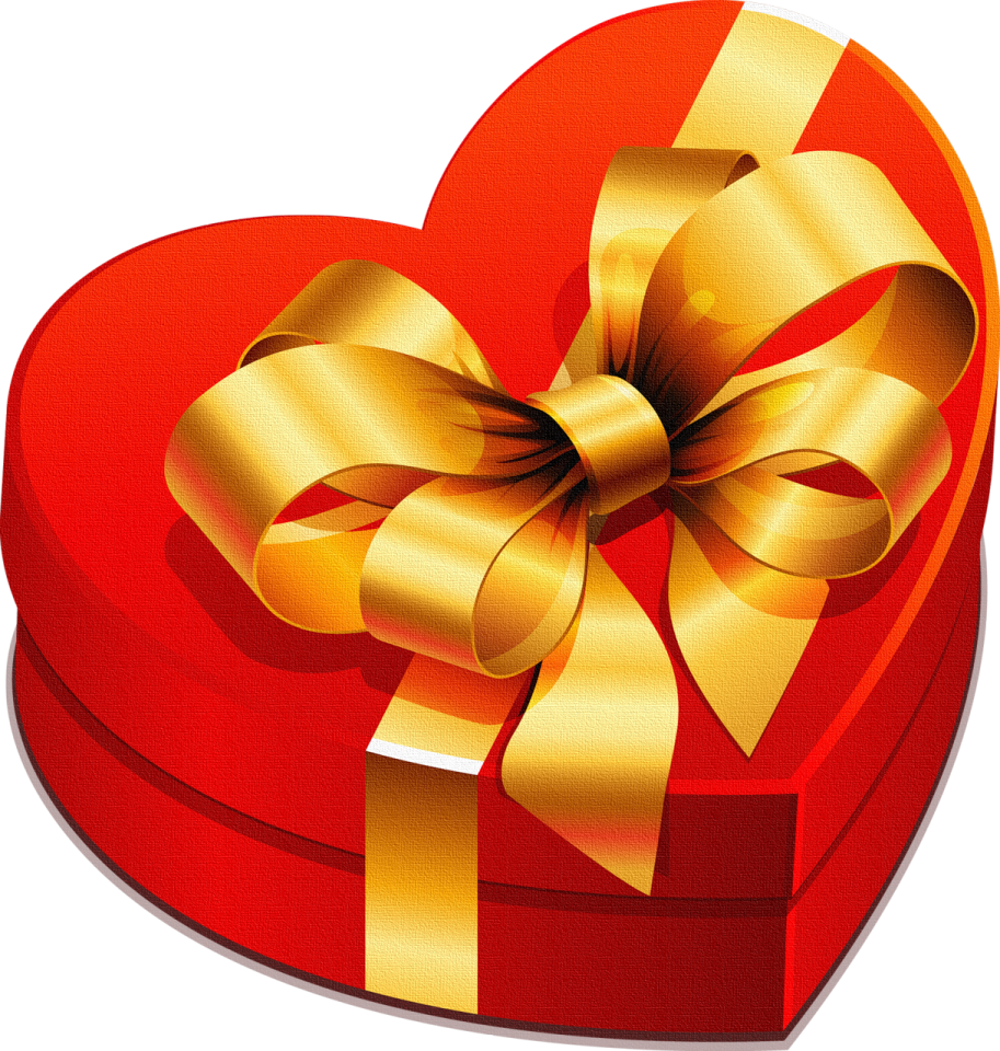 a red heart shaped box with a gold bow