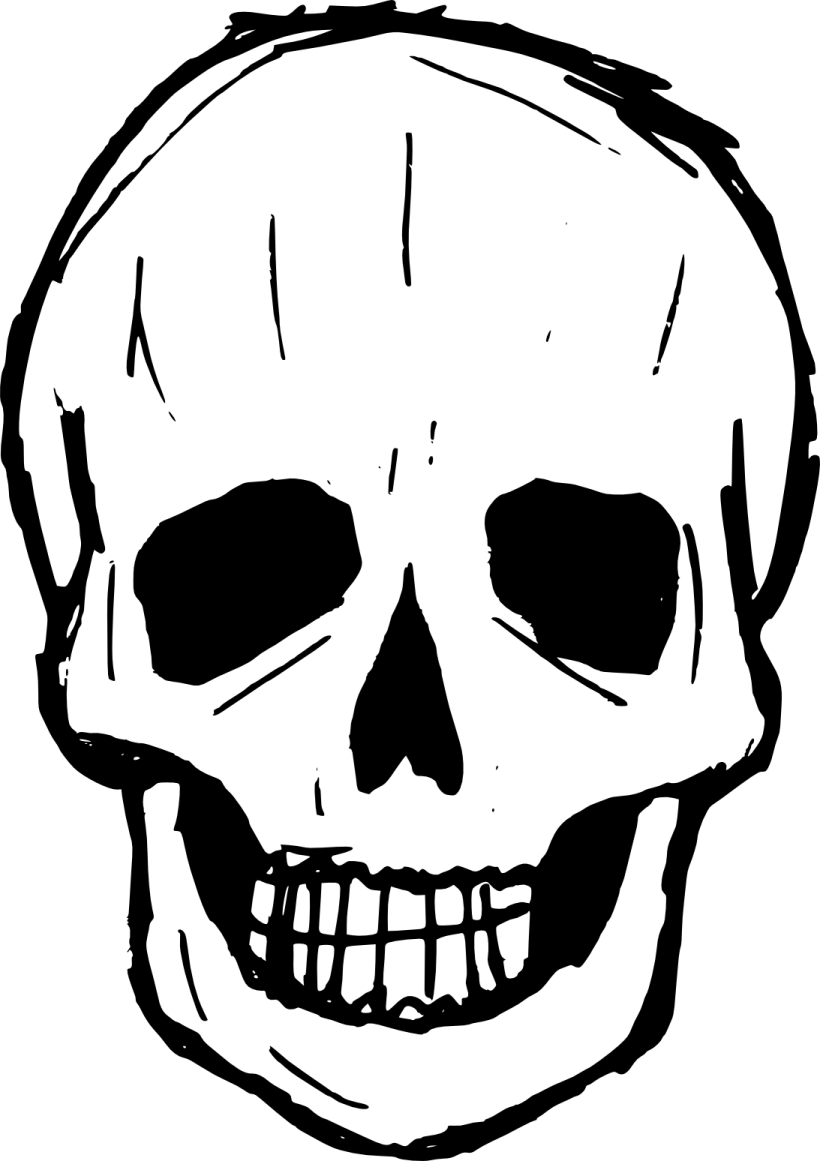 a black and white drawing of a skull