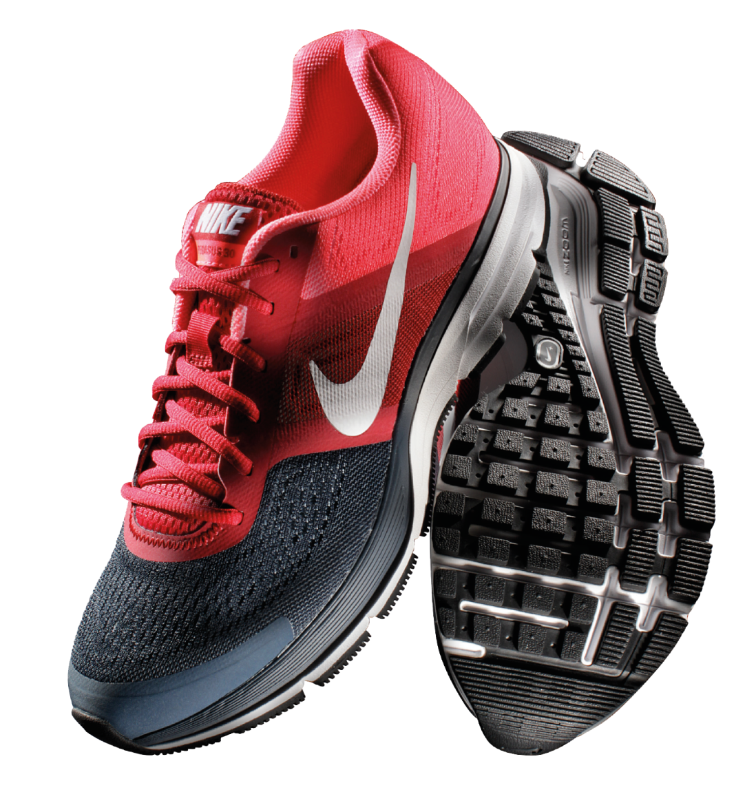 a pair of red and black running shoes