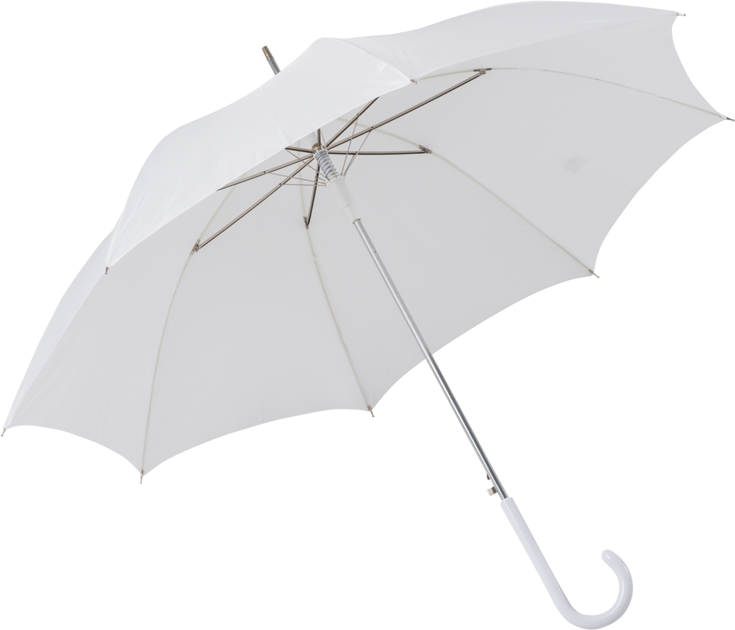 a white umbrella with a metal handle