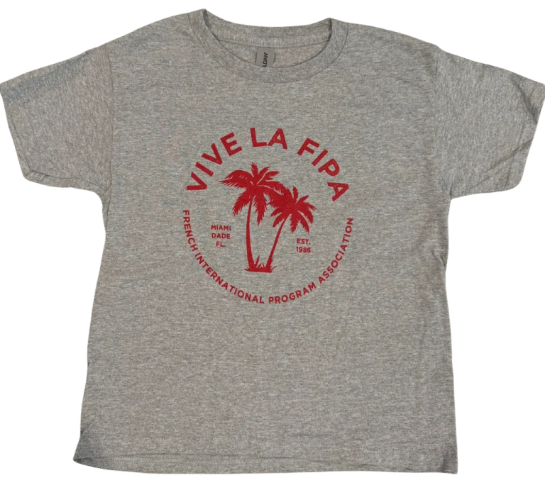 a grey t - shirt with a red palm tree on the front