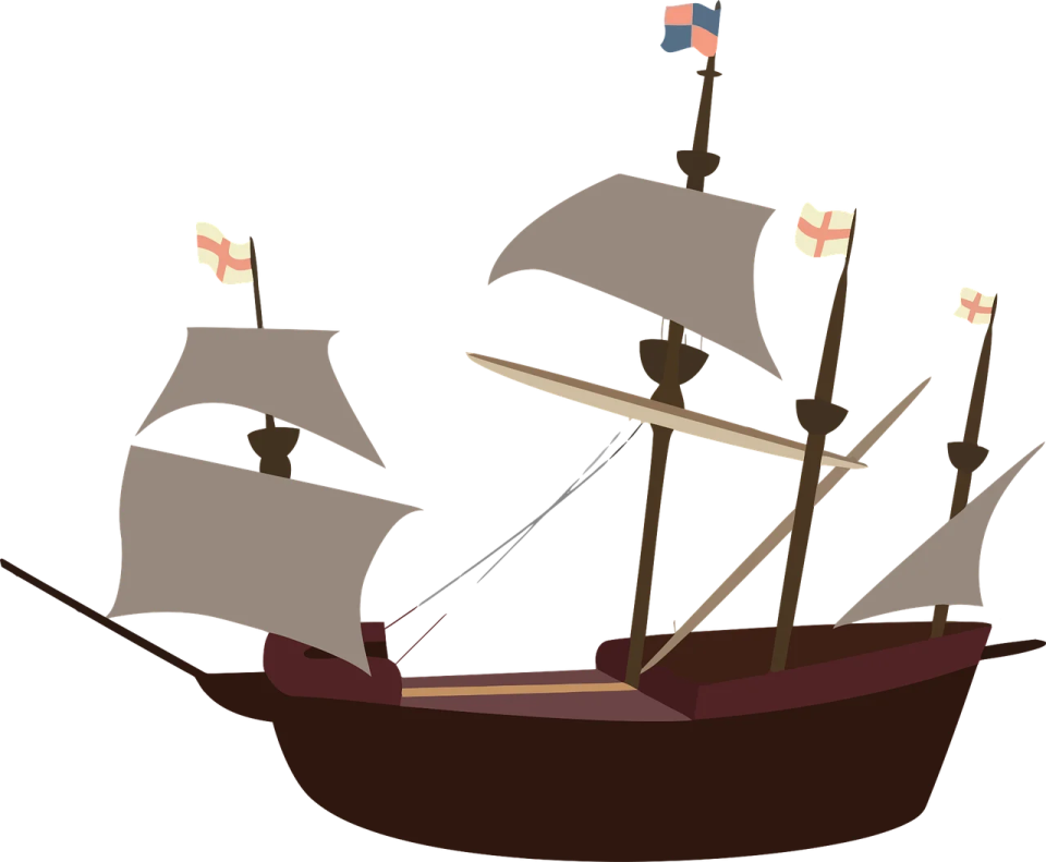 a pirate ship with sails and a flag