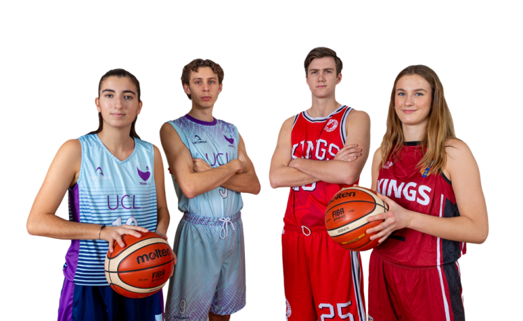 three young men and women holding basketballs