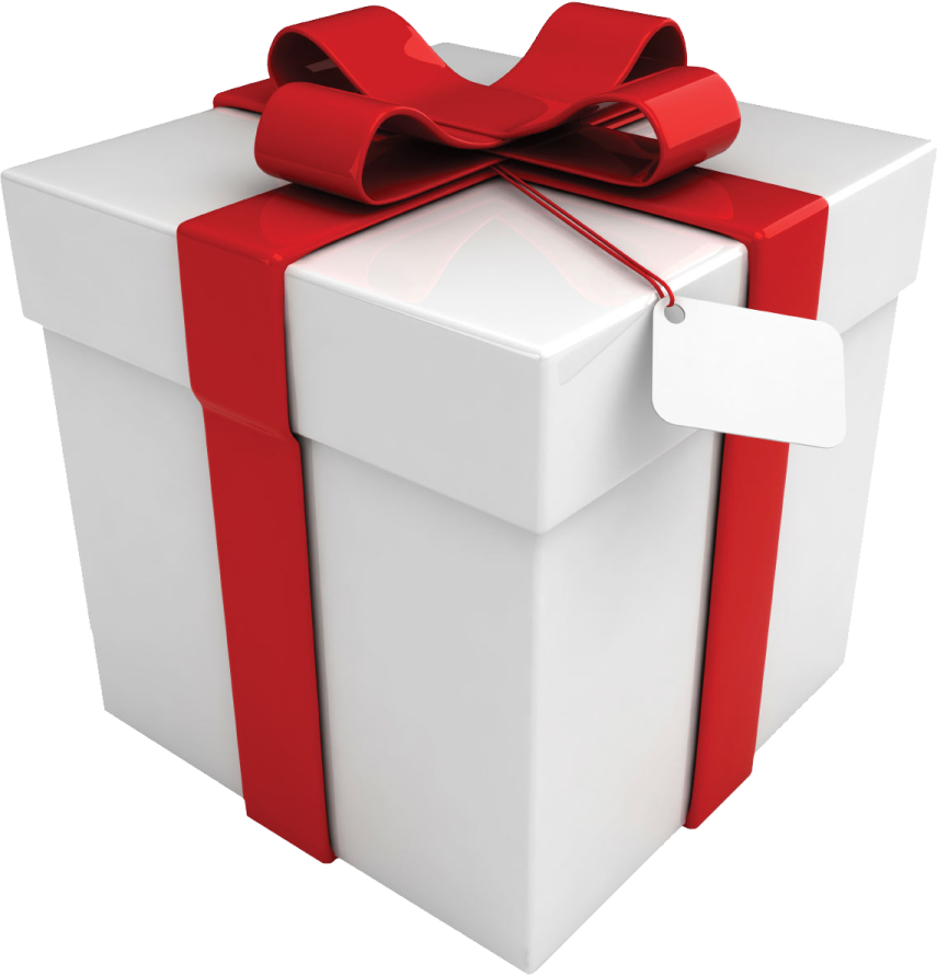 a white gift box with red ribbon and bow