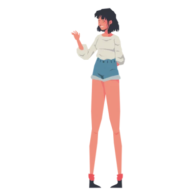 a woman in shorts and a sweater is pointing at something