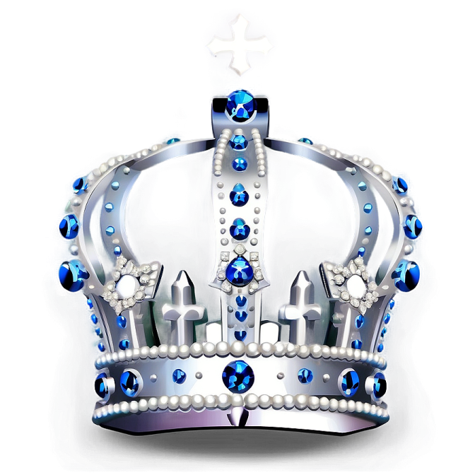 a silver crown with blue jewels and pearls
