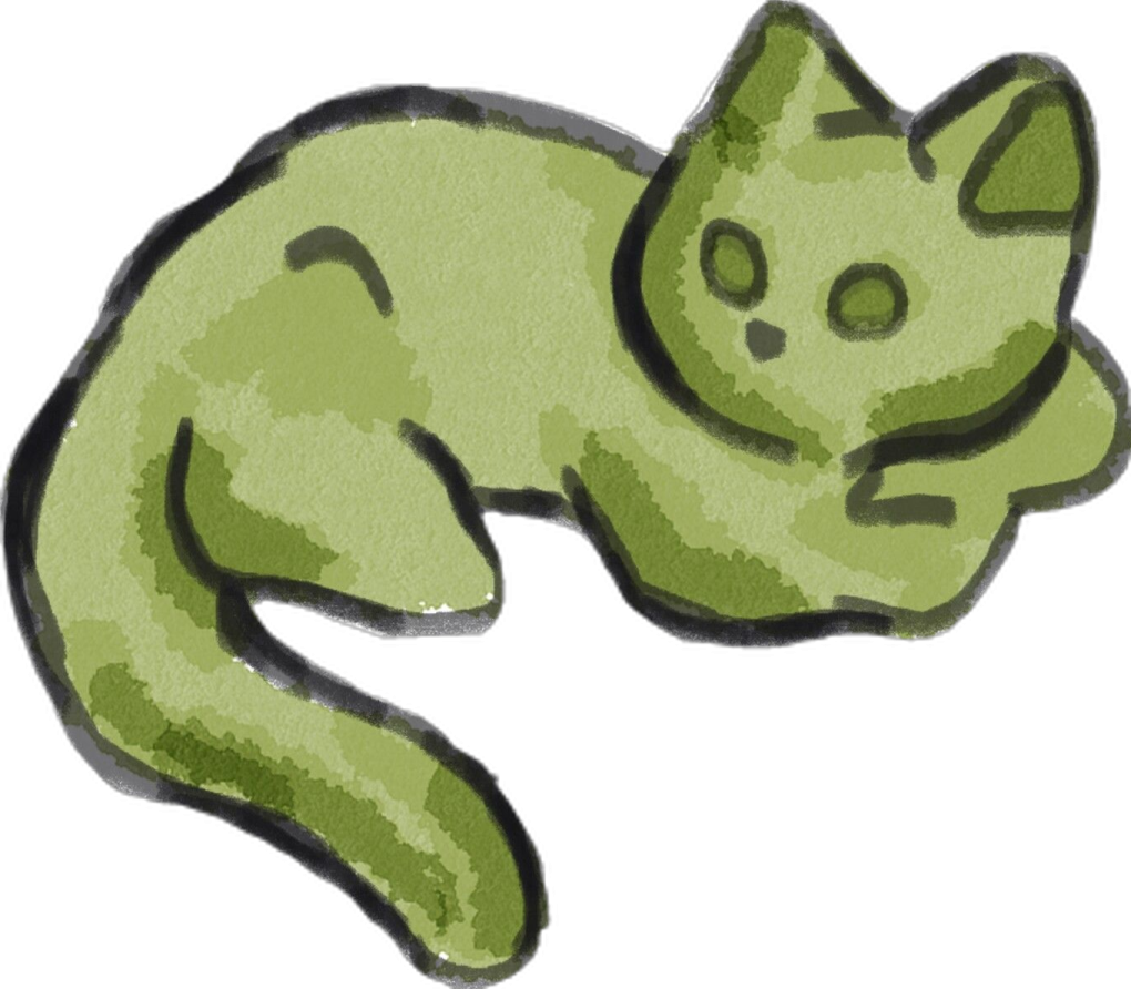 a green cat laying down on the ground