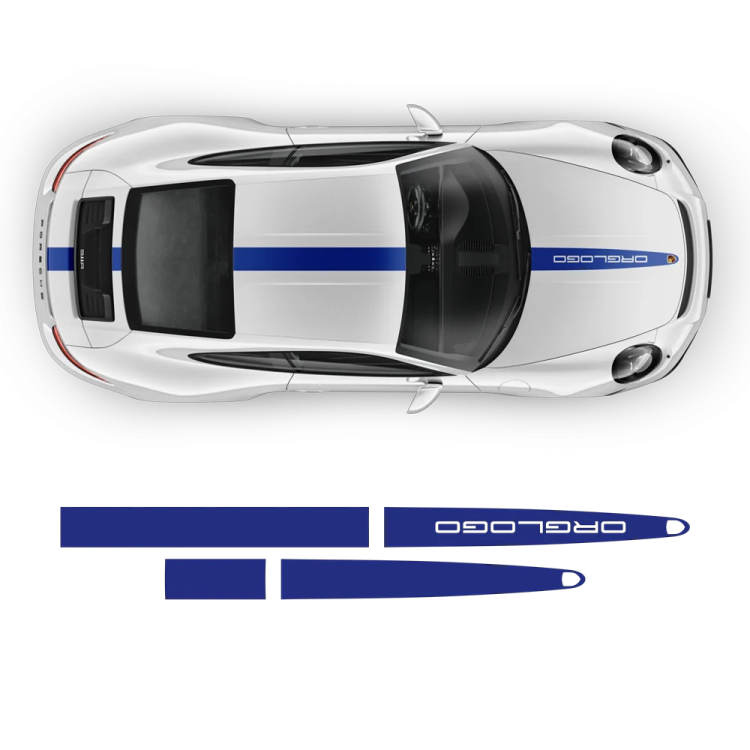 the top view of a white sports car with blue stripes