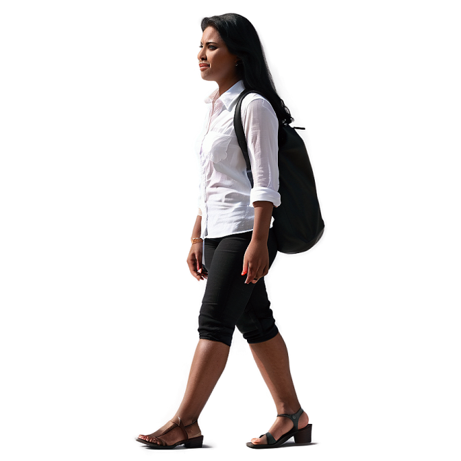 a woman walking with a backpack on her back