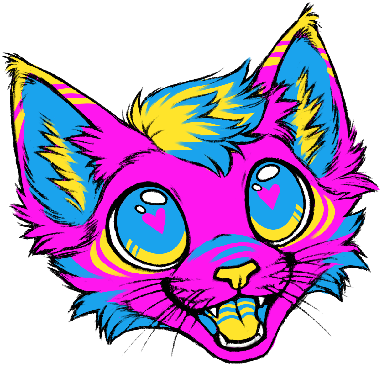 a drawing of a pink cat with blue eyes
