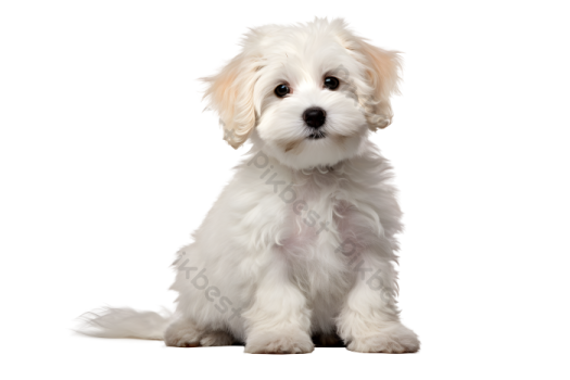 a small white dog sitting down on a white background