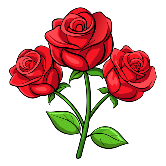 three red roses with green leaves