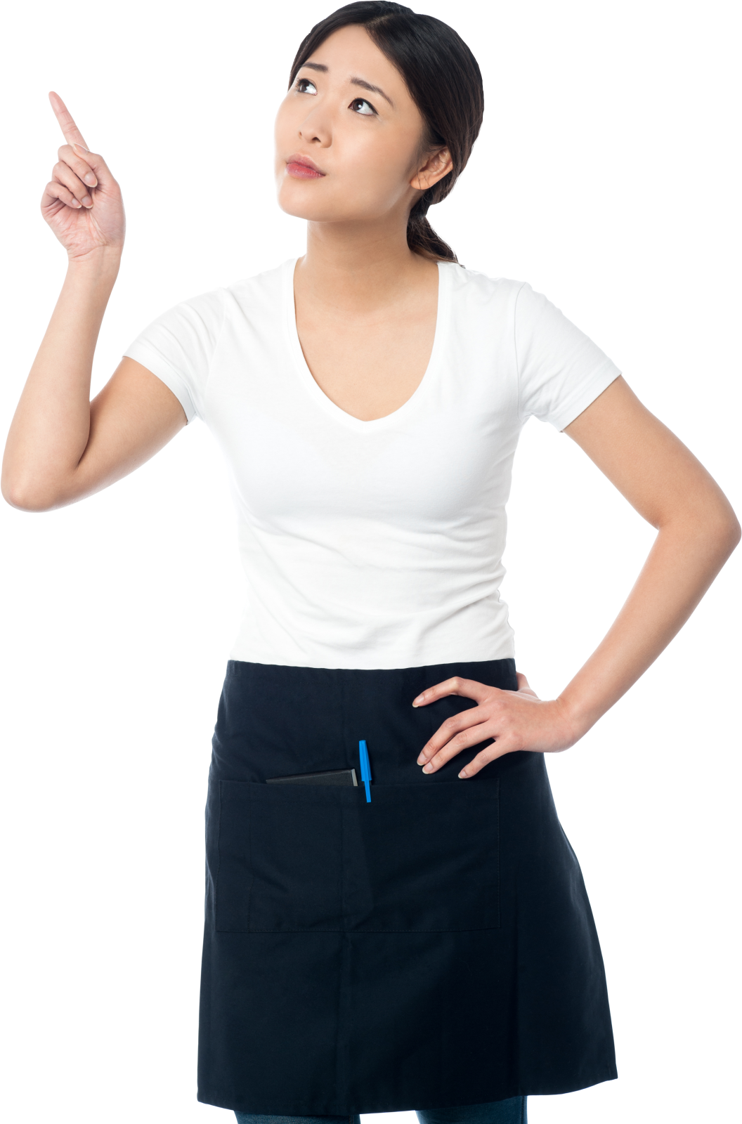 a woman in an apron pointing at something