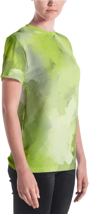 a woman wearing a green t - shirt