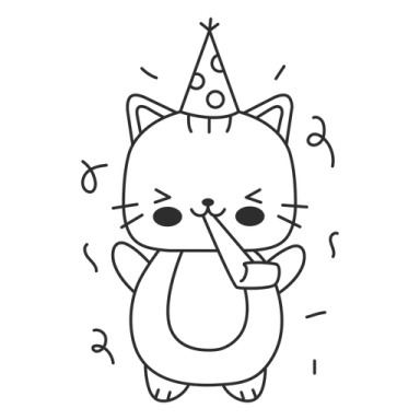 a black and white drawing of a cat wearing a party hat