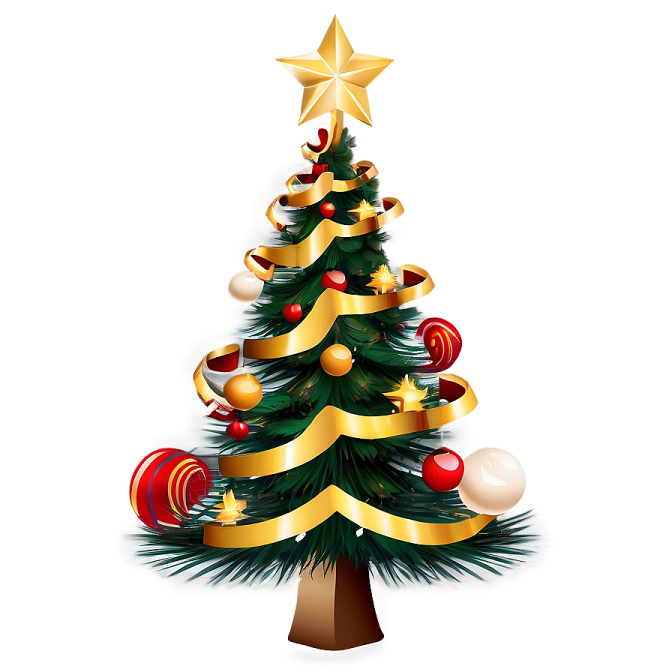 a christmas tree with gold ribbon and ornaments