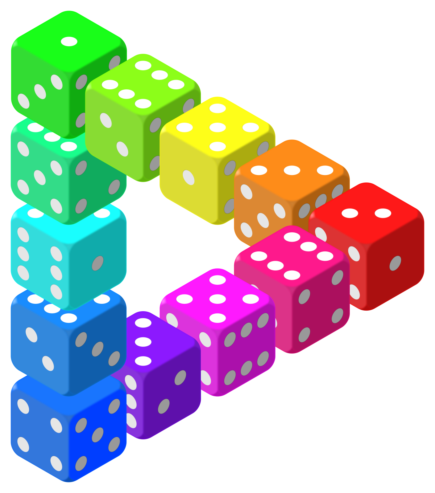 a set of dice with different colors