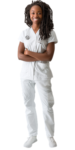a young girl in a white scrub suit