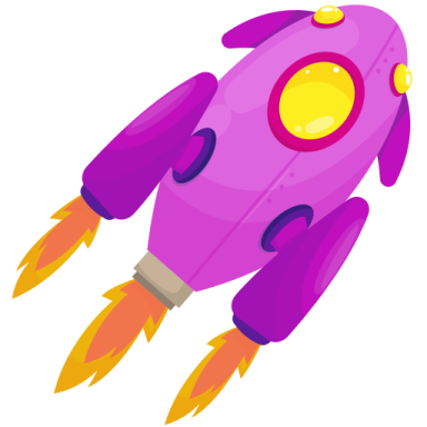 a purple rocket with two orange rockets on it