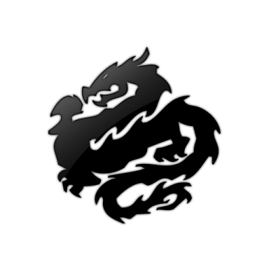 a black and white dragon logo on a white background