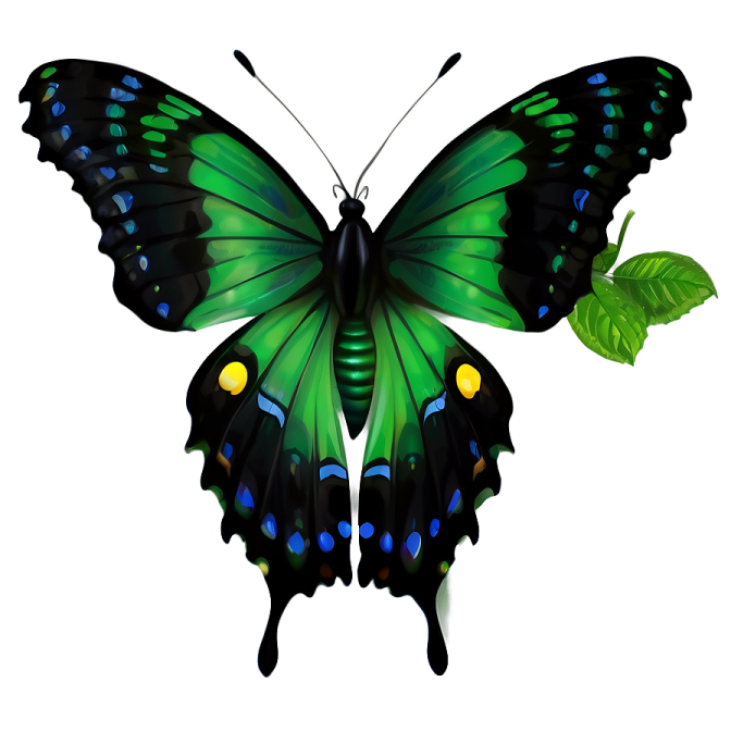 a green butterfly with blue and yellow spots