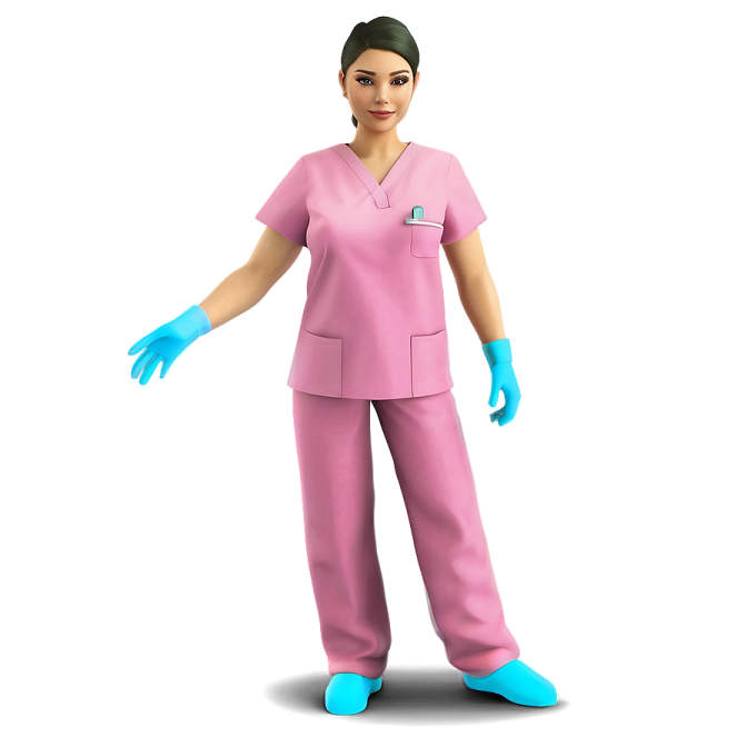 a woman wearing scrubs and blue gloves