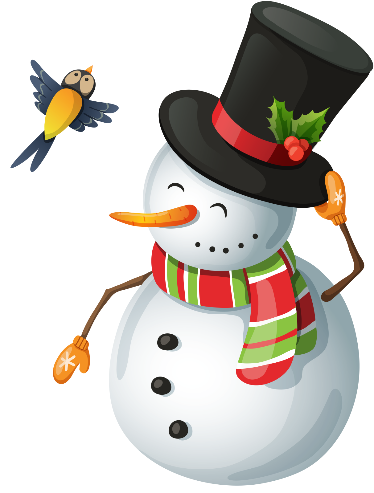 a snowman wearing a hat and scarf with a bird in the background
